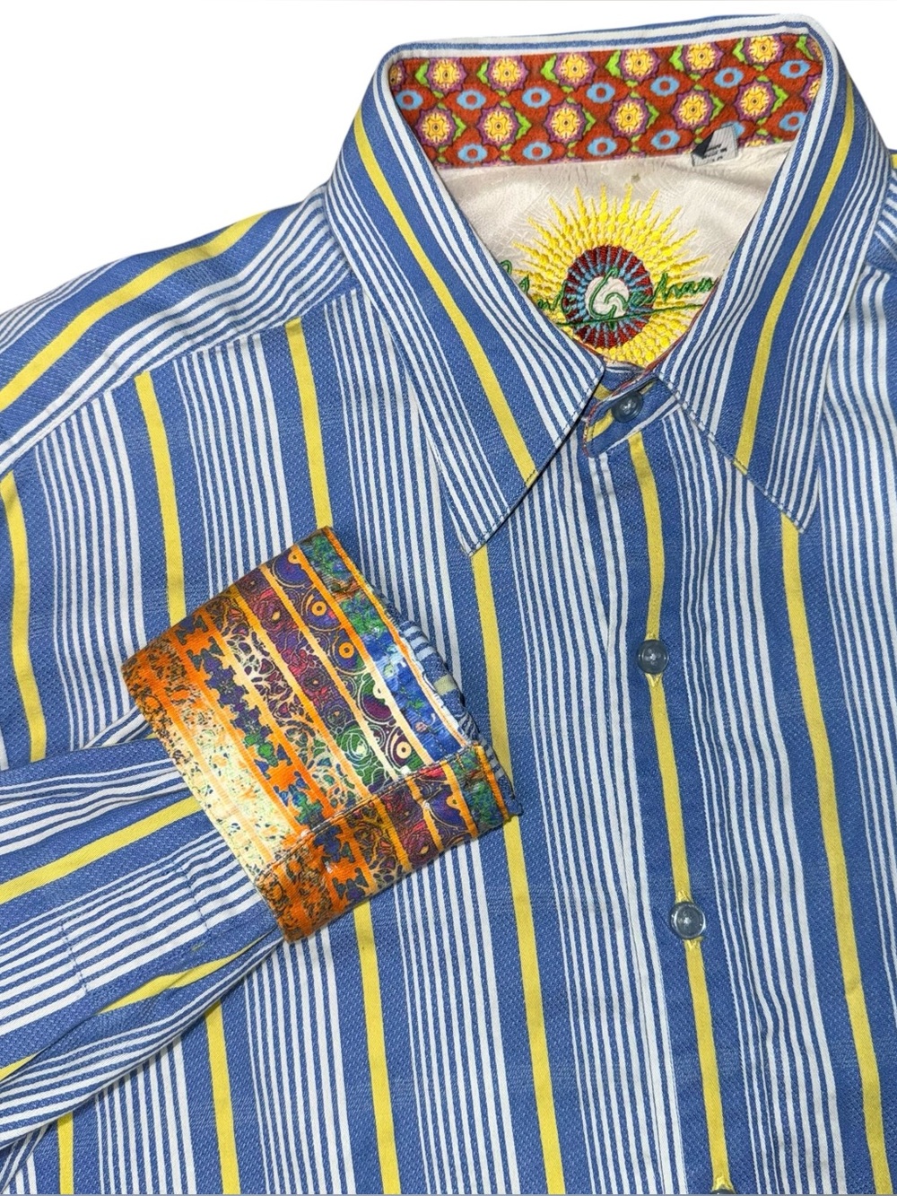 Robert Graham Shirt Classic Fit Colorful Blue Striped Flip Cuff Large Cotton